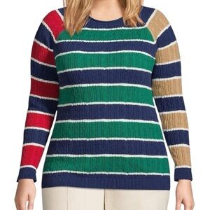 Lands' End Striped Cotton Cable Knit Colourblock Sweater Medium Petite Multi